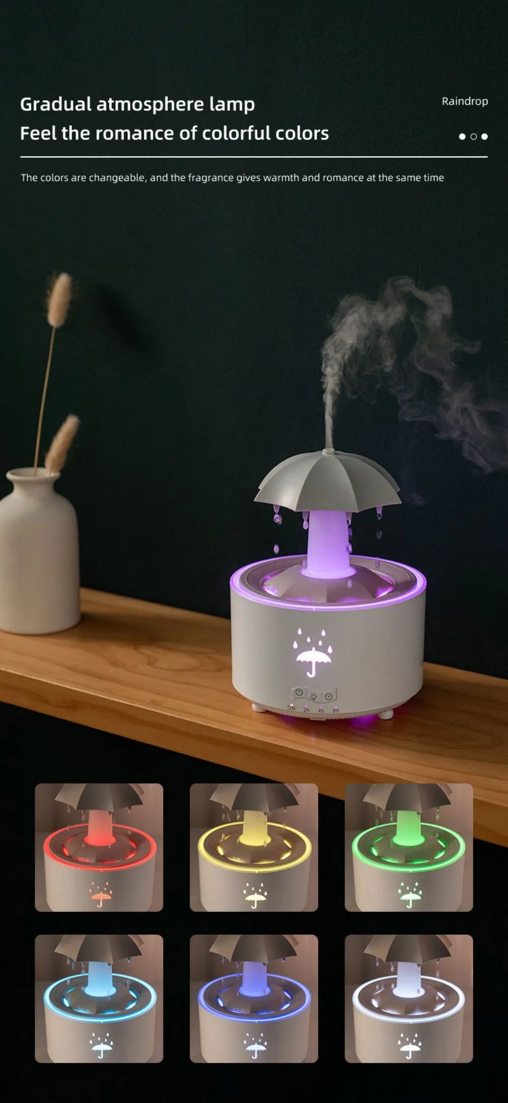 Rotating Umbrella Water Drop Air Humidifier with Colourful Night Lights Mute Spary