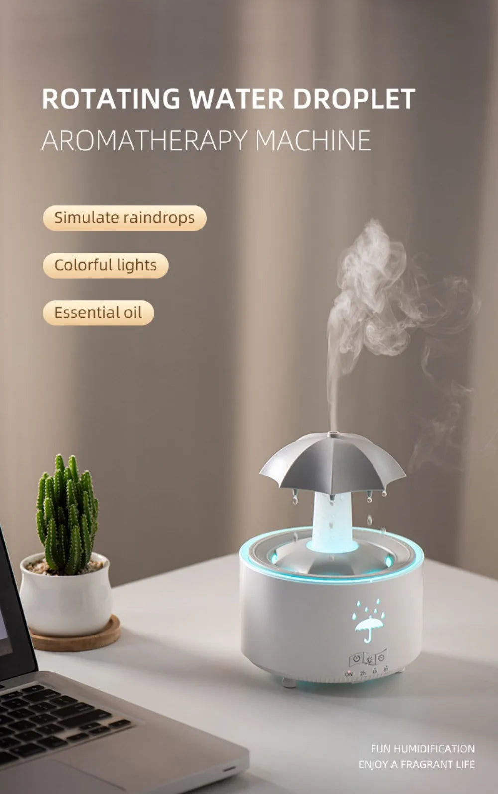 Rotating Umbrella Water Drop Air Humidifier with Colourful Night Lights Mute Spary